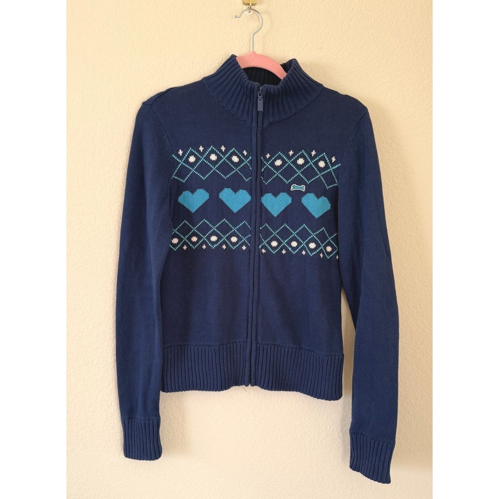 Le Tigre Y2K Womens Navy Blue Full Zip Sweater Cardigan Fair‎ Isle Hearts Size L